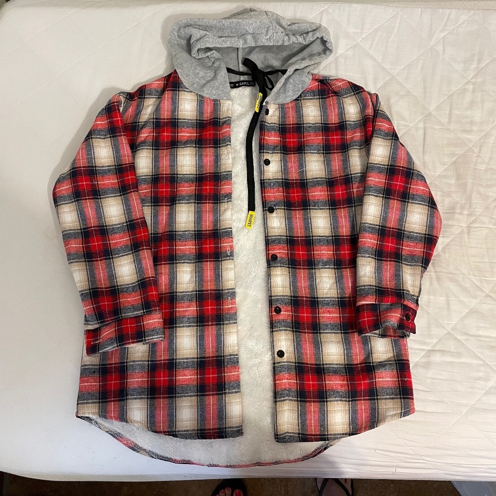Zaful women’s plaid flannel hoodie full zipper jacket fur lining